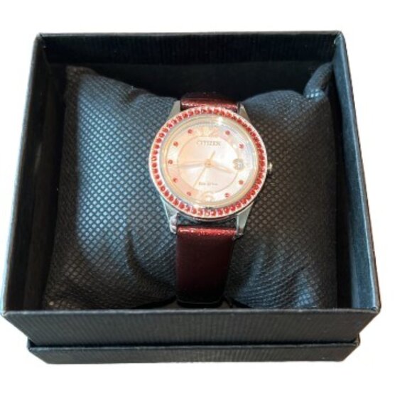 Citizen Eco-Drive Silhouette Crystal Jewel Dark Red Leather Strap Watch- EUC - Picture 8 of 8